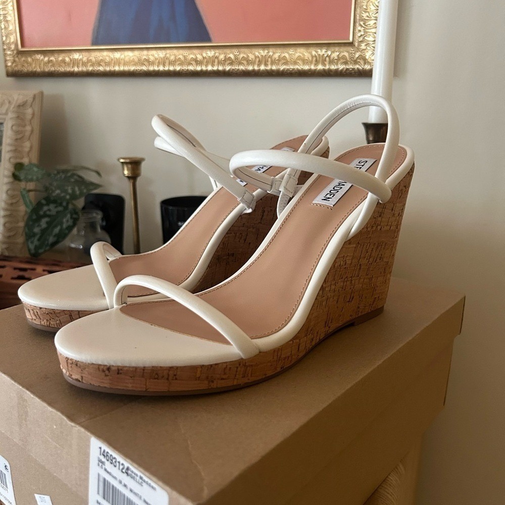 Steve Madden Udell‎ Leather Slip On Cork Wedge Slingback Sandals White NEW 9.5
